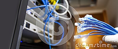 Hand choose RJ45 UTP Cat6 LAN internet network cable fiber optic and Lots of Ethernet cables for connect computer and networking Stock Photo