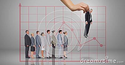 Hand choosing a business man on grey background with graph and business people Stock Photo