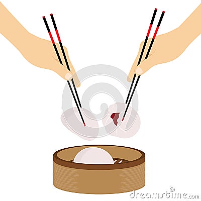 Hand Chopsticks Chinese food Steamed Bun Vector Illustration