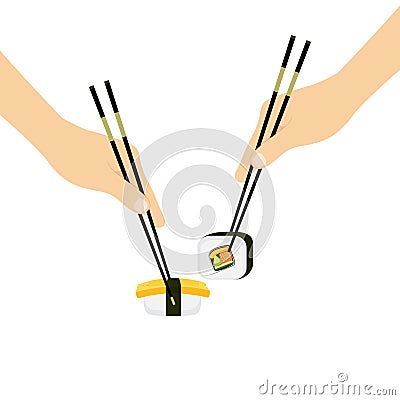 Hand Chopsticks and Japanese food Sushi Set 2 Vector Illustration