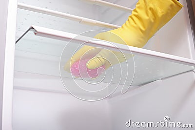 Hand cleaning refrigerator. Stock Photo