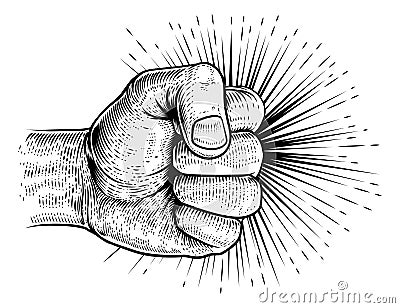 Fist Punching Vintage Propaganda Woodcut Style Vector Illustration