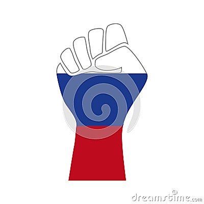 The hand clenched into a fist is raised up and painted in the colors of the flag of Russia. The concept of resistance and durabili Vector Illustration