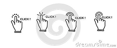 Hand click, Hand clicking, finger, Touch screen, pointer, cursor, gesture, mouse press push simple black style symbol. Vector Illustration