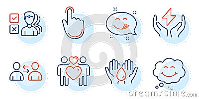 Hand click, Opinion and Yummy smile icons set. Love couple, Smile and Communication signs. Vector Vector Illustration