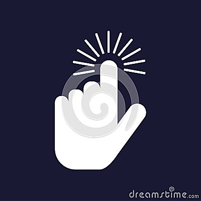 The hand clicks on the button. Cursor vector icon on dark blue Vector Illustration