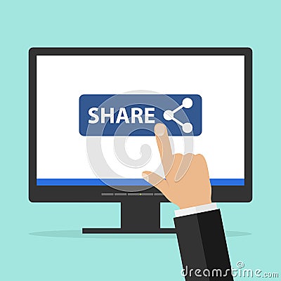 The hand clicks on the link to share on the monitor Vector Illustration