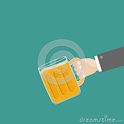 Hand and clink beer glasses mug with foam cap froth bubble. Flat design Vector Illustration