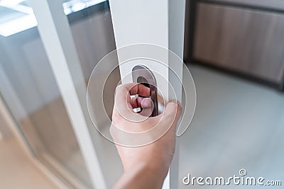 Hand Close or Open glass door Stock Photo