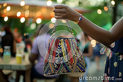 hand clutching a beaded handbag at an outdoor summer festivity Stock Photo