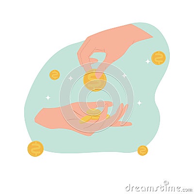 Hand with coin and hands with coins stack flat illustration Vector Illustration