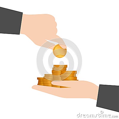 Hand with coin and hands with coins stack Vector Illustration