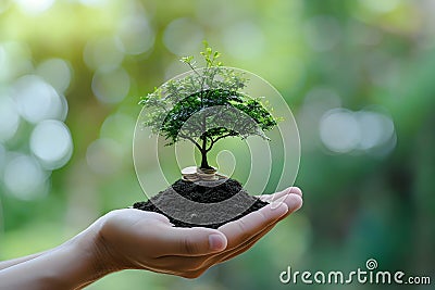 Hand Coin tree The tree grows on the pile Stock Photo