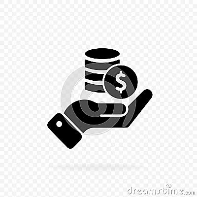 Hand with coins icon, logo. Money in hand. Dollar coin icon in black. Finance icon in black. Business icon. Money sign. Vector EPS Vector Illustration