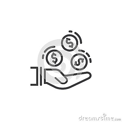 Hand with coins line icon, outline vector sign, linear pictogram isolated on white Vector Illustration