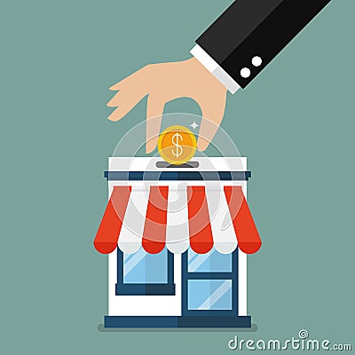 Hand collect the money in shop store Vector Illustration