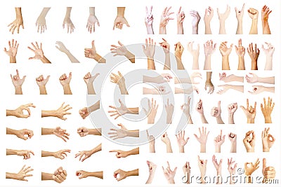 Hand collection of asian with hand gestures multiple in many isolated on white background Stock Photo