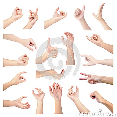 Hand collection multiple set of asian Both children, adults, men and women in gesture isolated on white background Stock Photo