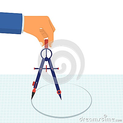 Hand with compass for drawing. Vector Illustration