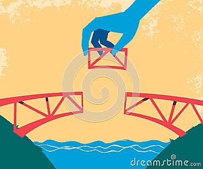 Hand complete the bridge with the last piece Vector Illustration