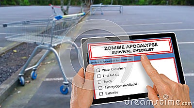 Hand completing Zombie Apocalypse survival checklist on a computer tablet - infront of empty supermarket carpark Stock Photo