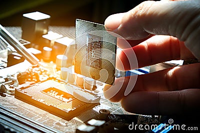 Hand of computer engineering brings computer cpu processor memory change components into socket processor for maintenance. Stock Photo