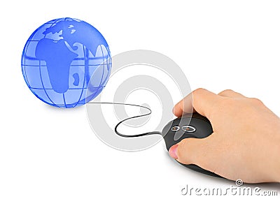 Hand with computer mouse and globe Stock Photo