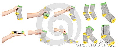 Hand with cotton socks, set and collection Stock Photo