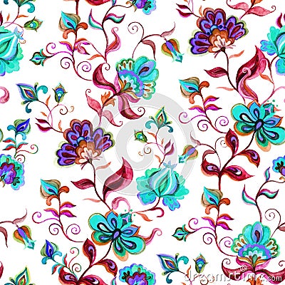 Hand crafted native motifs at light ground - seamless floral background with intricate flowers. Watercolor art Stock Photo