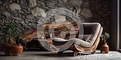 Hand-crafted unique lounge chair made from solid wood log near stone wall. Rustic interior design of modern living room Stock Photo