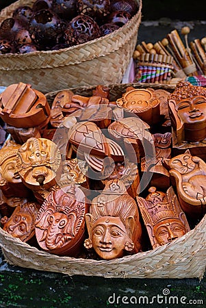 Hand crafted wooden boxes on sale on Bali island. Editorial Stock Photo