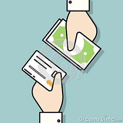 Hand with credit card and hand with cash money. Payment methods. Vector Illustration