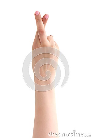 Hand with crossed fingers on white background Stock Photo