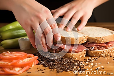 hand crushing black pepper over a sloppy joe Stock Photo