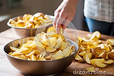 a hand crushing potato chips into a bowl for cooking Stock Photo