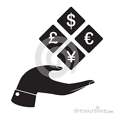 hand with currencies symbol. Vector illustration decorative design Vector Illustration