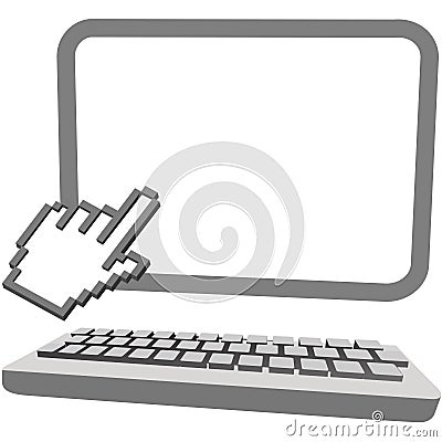 Hand cursor click on 3D computer monitor keyboard Vector Illustration