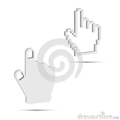 Hand Cursor 3D Vector Icons. Smooth and Pixel White Vector Hands. Design Elements Set for You Design Vector Illustration