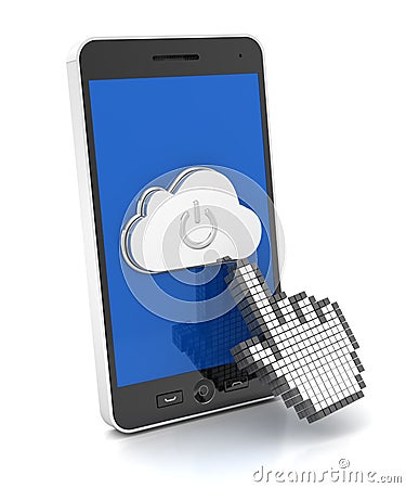 Hand cursor pressing cloud button on a smartphone Stock Photo