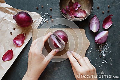 Hand cut red onion Stock Photo