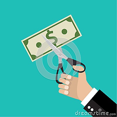 Hand cutting money bill in half with scissors. Vector Illustration
