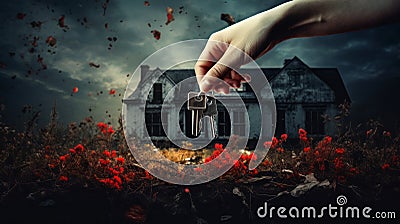 hand dangling keys infront of a derelict house Stock Photo