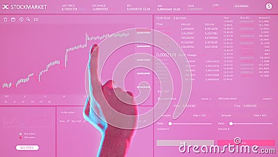 Hand, dashboard ui and man with stock market, trading or investment app. Ux, data and male with pink user interface or Stock Photo