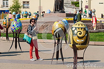 140 hand-decorated Easter eggs which were rescued from Eastern Ukraine and placed on exhibition in Lviv, Ukraine Editorial Stock Photo