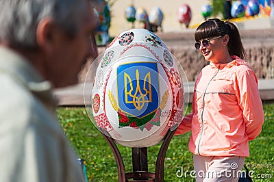 140 hand-decorated Easter eggs which were rescued from Eastern Ukraine and placed on exhibition in Lviv, Ukraine Editorial Stock Photo