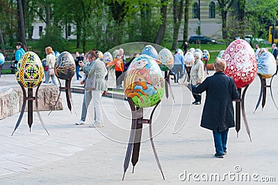 140 hand-decorated Easter eggs which were rescued from Eastern Ukraine and placed on exhibition in Lviv, Ukraine Editorial Stock Photo