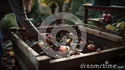 Hand depositing organic waste into a compost bin, recycling nutrients back to earth Stock Photo