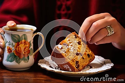 a hand dips a slice of panettone in a cup of coffee Stock Photo