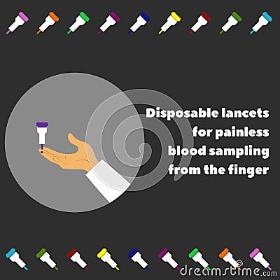 Hand and disposable lancets for painless blood sampling from the finger Vector Illustration