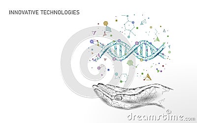 Hand DNA gene therapy concept. Medical consultation app. Web healthcare diagnosis geometric modern hospital network Vector Illustration